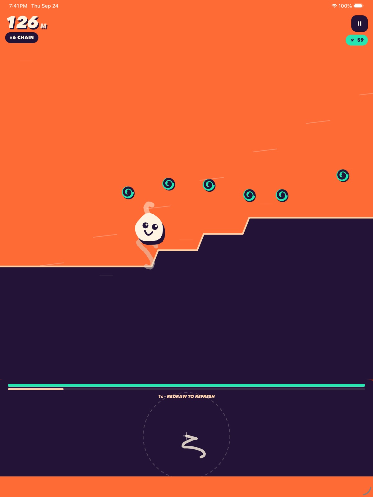 DoodleLegs on iPad: a smiling runner climbing steps, collecting Doodads, with a hand-drawn shape on the drawing pad