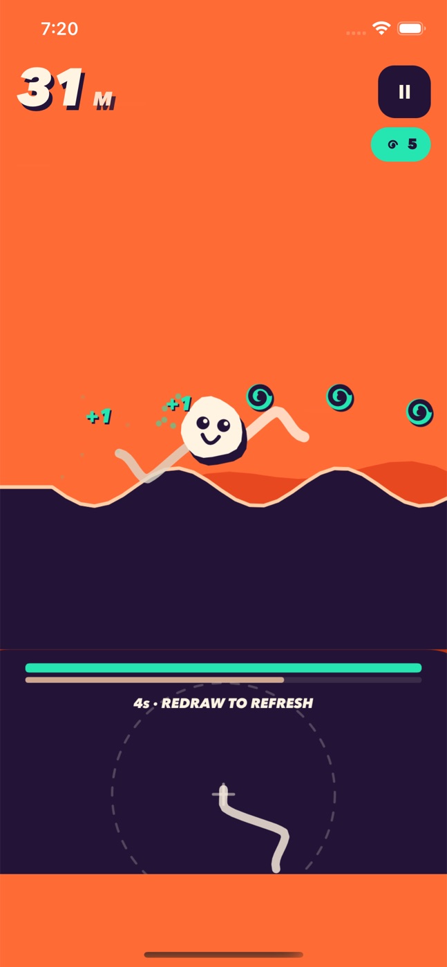 Smiling DoodleLegs runner crossing rolling hills with zigzag legs drawn on the pad below