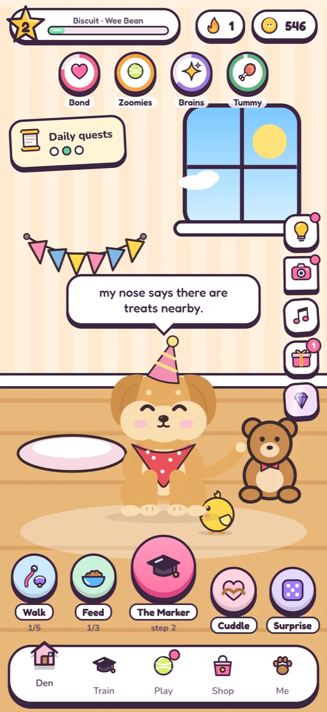 The Mochi Pup den: a round, smiling Mochi dog in a party hat with a teddy bear, plus Walk, Feed, Cuddle and Surprise buttons
