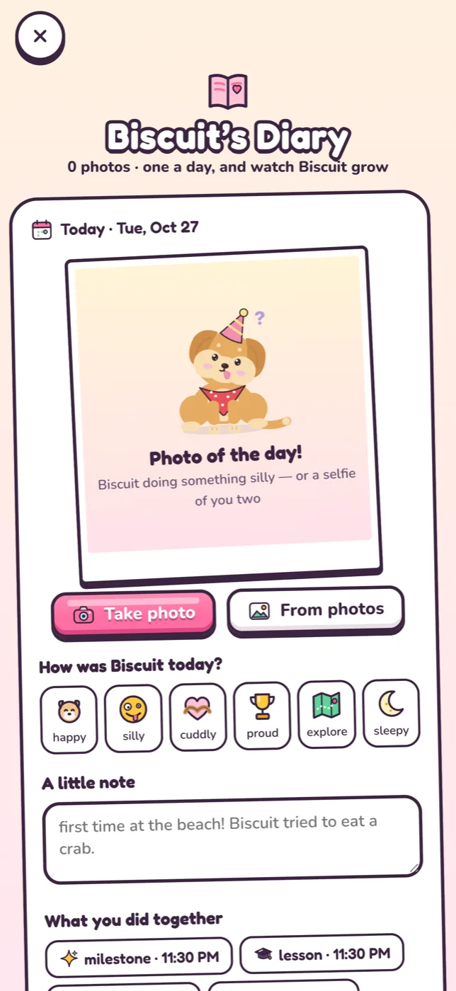 A photo-a-day diary entry with a sticker and a note