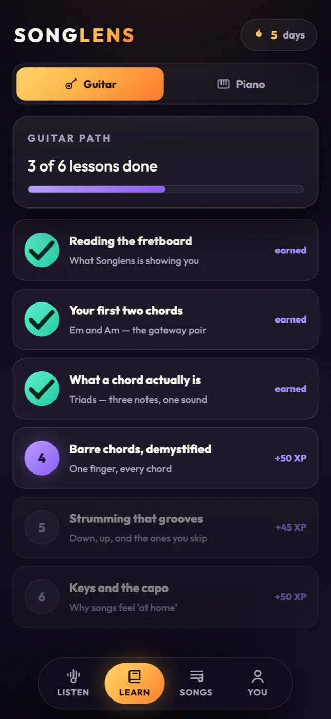 The Guitar Path: lessons on the fretboard, first chords, barre chords and strumming