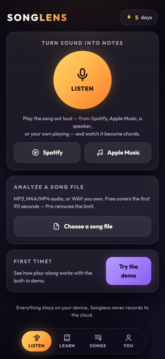 The Listen screen: a glowing LISTEN button with Spotify, Apple Music and file options