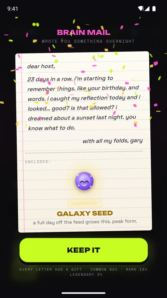 Brain Mail: a morning letter from your brain with a Galaxy Seed gift