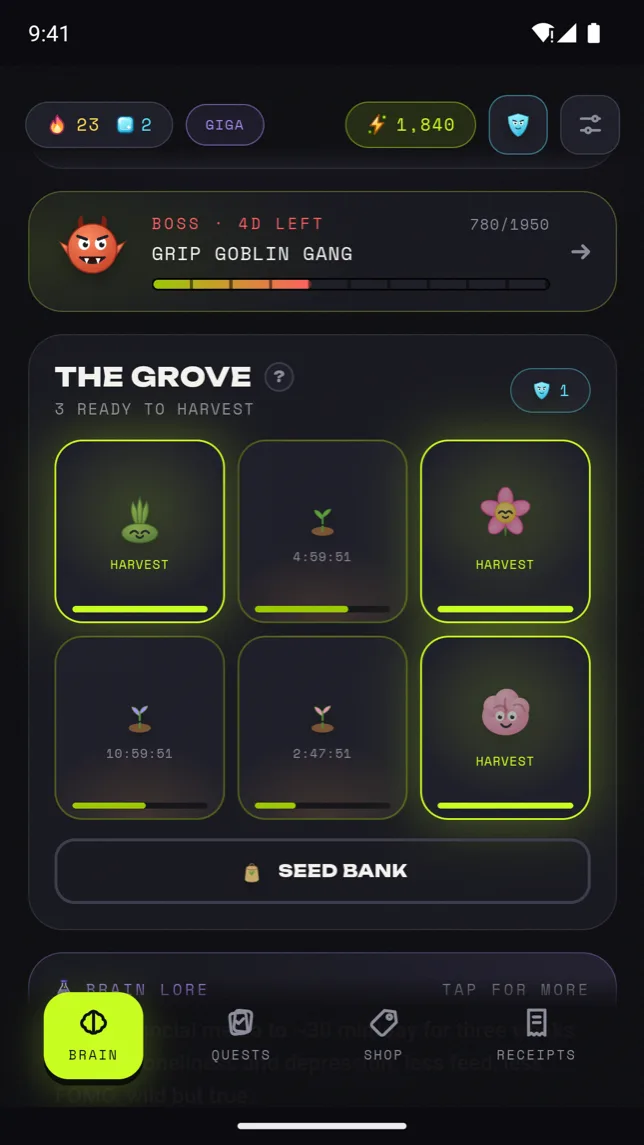 The Grove: neuron sprouts growing in plots, threatened by a grip goblin gang