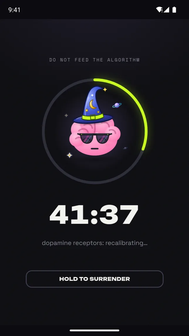 A lock-in in progress: a timer at 41:37 under a wizard-hatted pink brain, with Hold to surrender