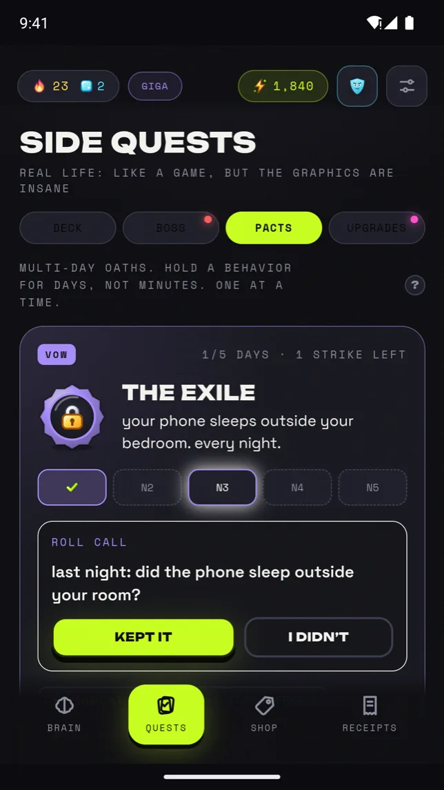 Pacts: The Exile, phone sleeps outside the bedroom every night