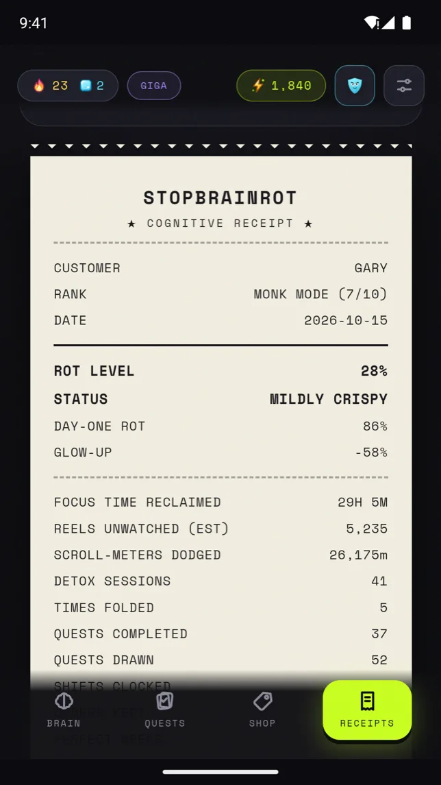 The Receipts: a printed receipt of focus time reclaimed and reels unwatched
