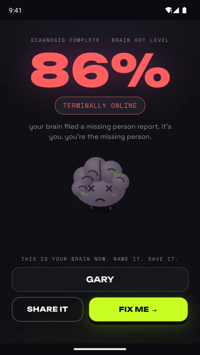 The Rot Check result: 86% brain rot, terminally online, with a sad grey brain and a Fix me button