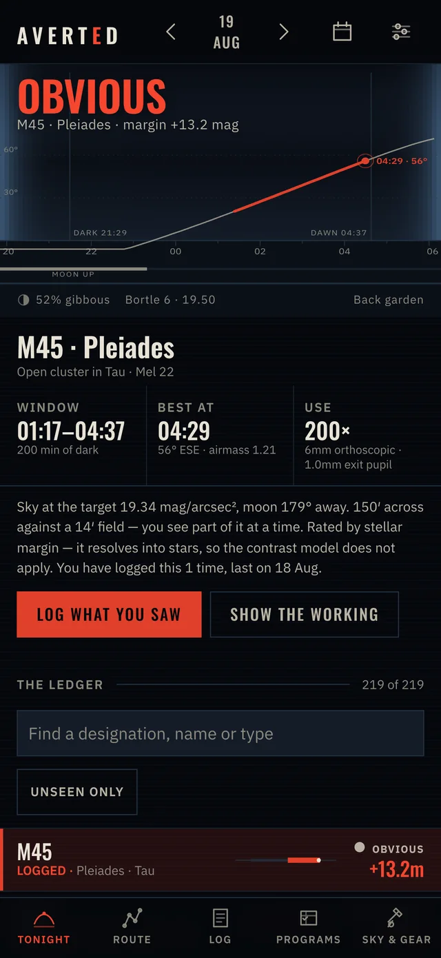 AVERTED astronomy app showing an observing window and telescope settings for the Pleiades