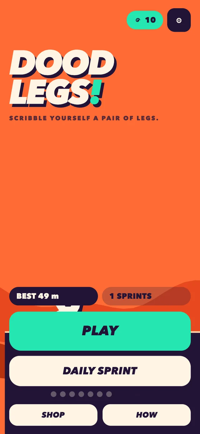 The bright orange DoodleLegs home screen