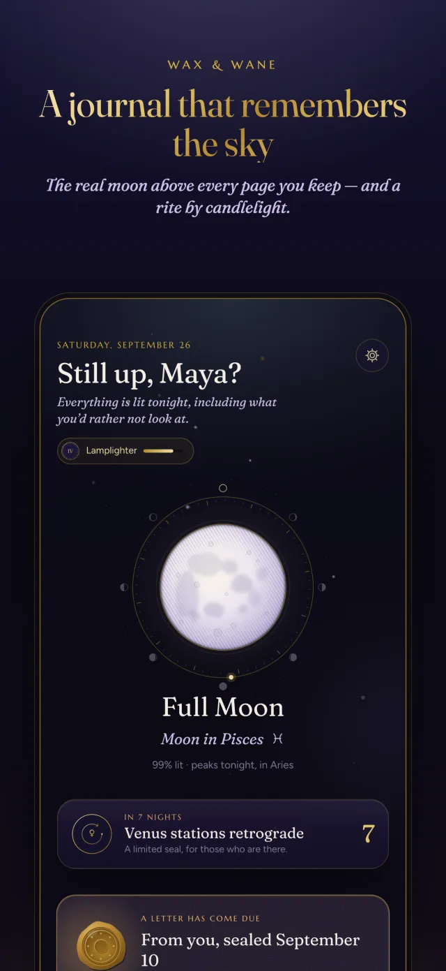 Wax & Wane moon journal showing tonight’s moon above three candles